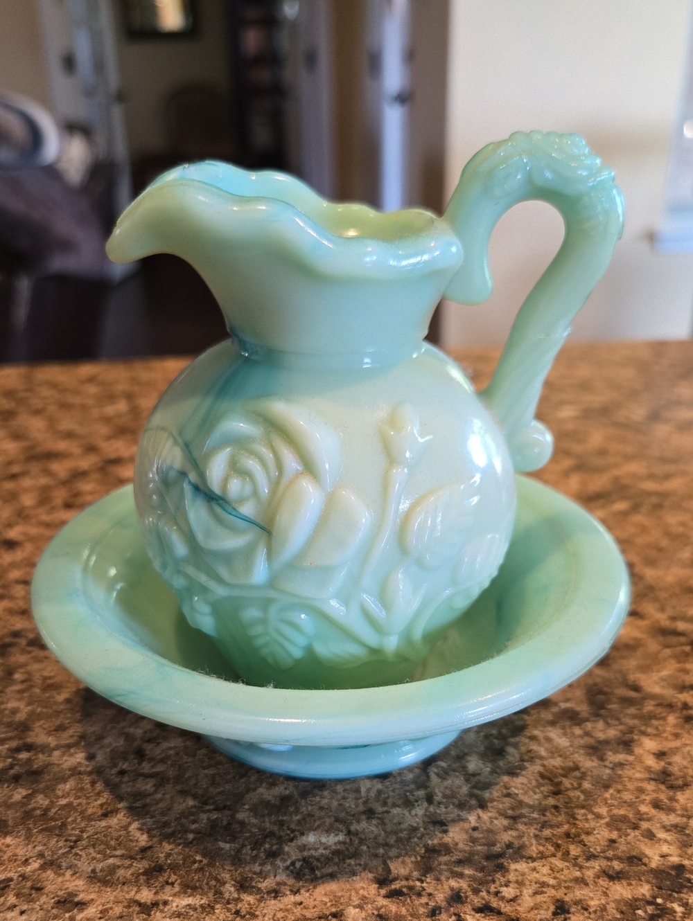 Avon pale seafoam green glass pitcher and bowl set